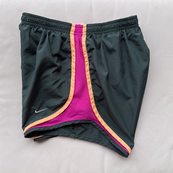 Nike DriFit running shorts in black with purple and orange trim - Picture 3 of 9